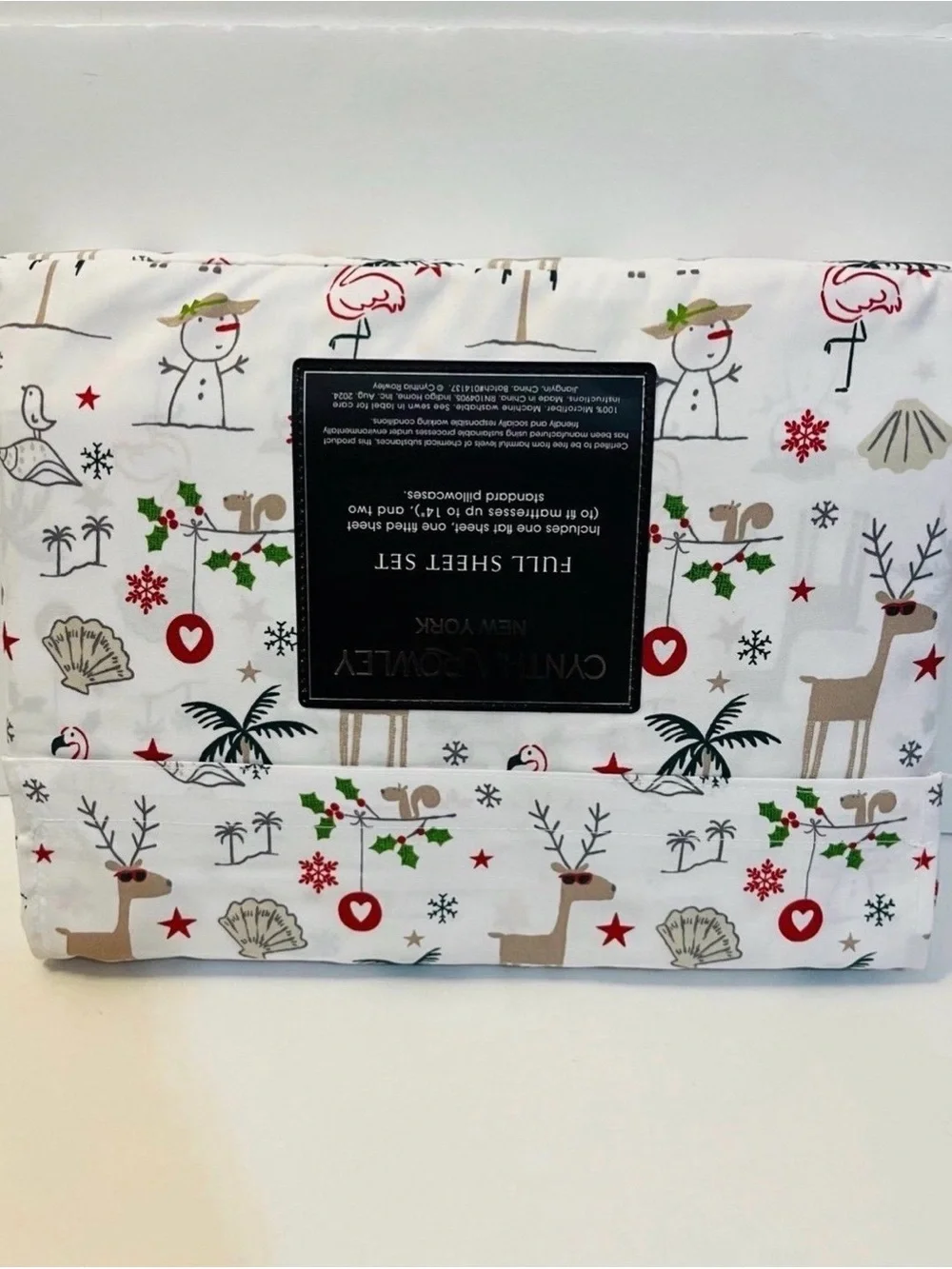 Cynthia Rowley Christmas Beach Full Size Sheet Set Palm Tree Seashell Flamingo